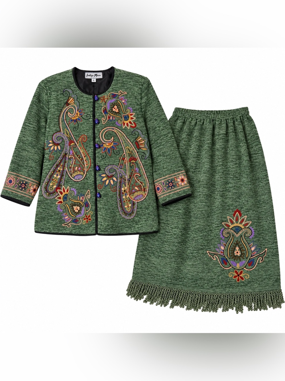 Indigo Moon Women’s L Embroidered Boho Jacket & Skirt Fringe Lagenlook Artsy